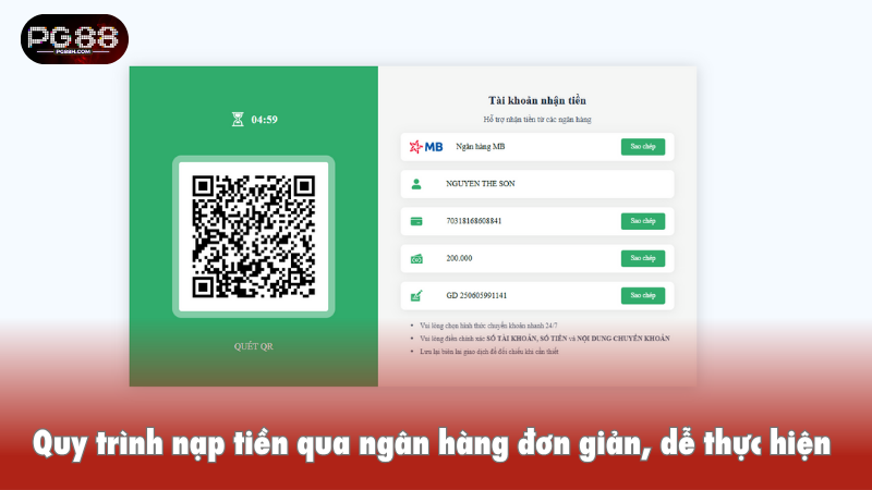 Quy trình nạp tiền qua ngân hàng đơn giản, dễ thực hiện
